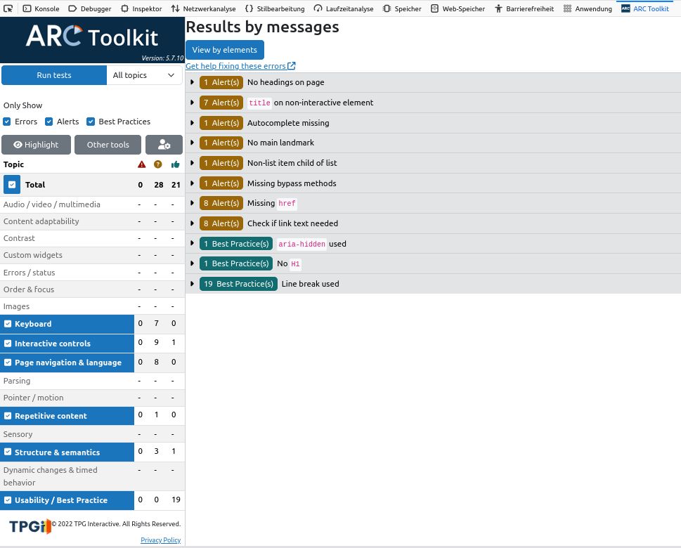 Testergebnis für Abfragen-Seite