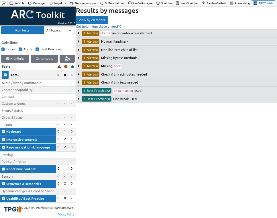ARC-Testergebnis für Login-Seite