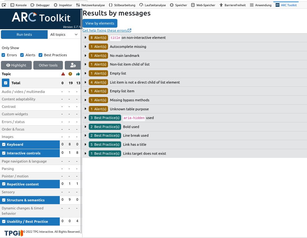 Testergebnis für Menü-Seite