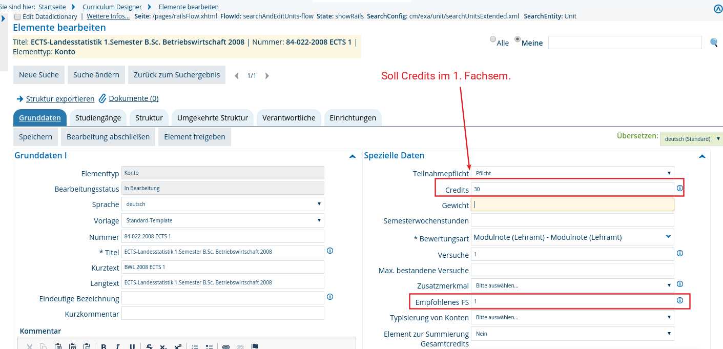 Soll-Credits und das empfohlene Fachsemester eintragen